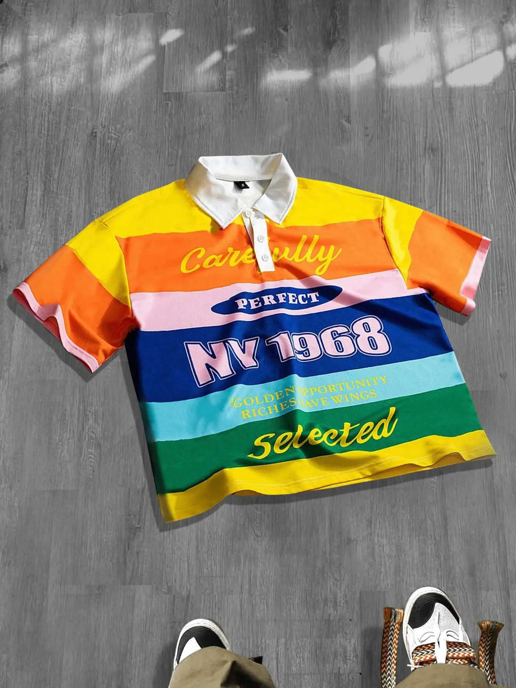 Striped polo collar short sleeved T-shirt short loose fit shirt California English letter striped geometric print unisex shirt European and American street fashion casual shirt striped geometry Classic, Menswear