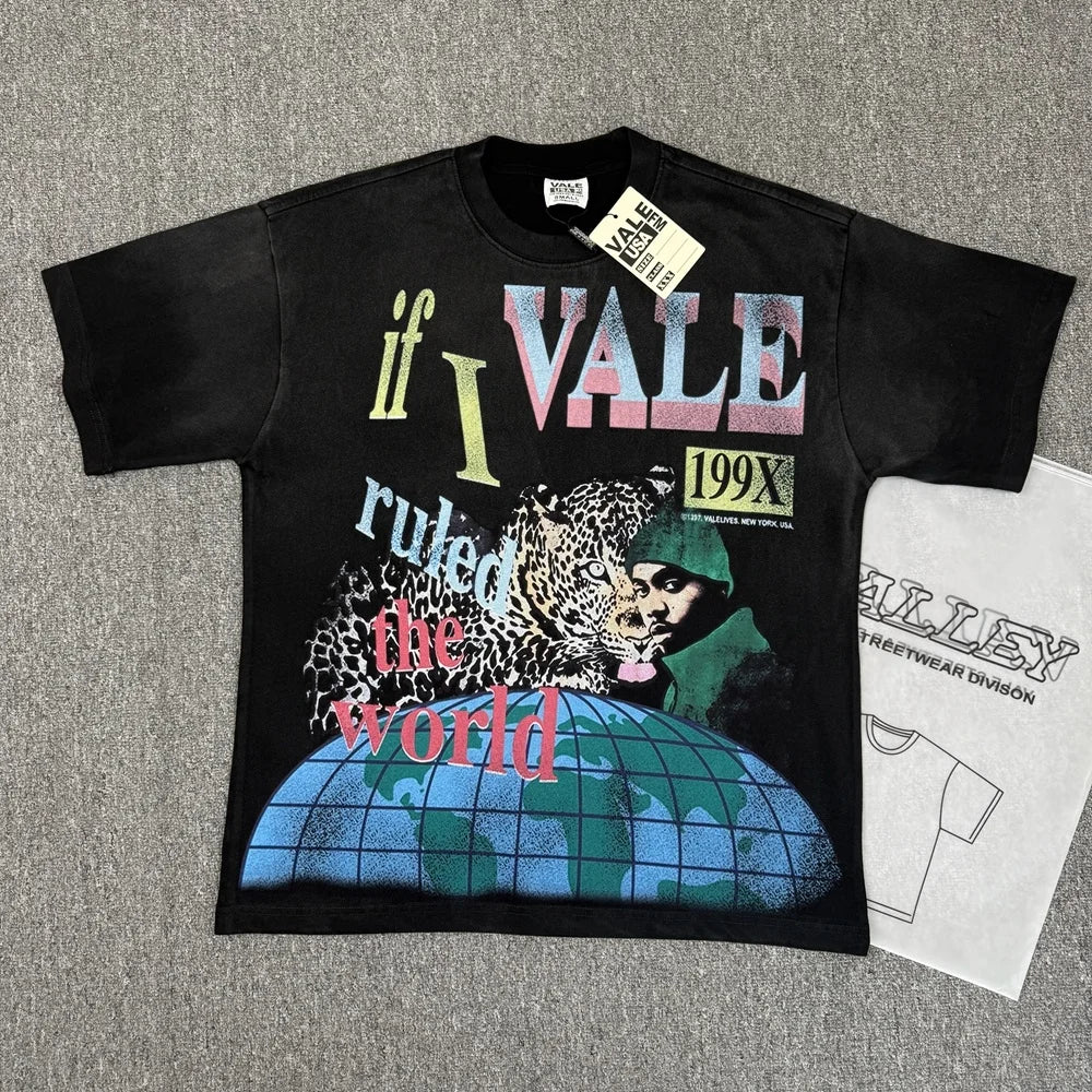 Vale/Valley American-Style Trendy Brand Direct-Print Washed Vintage Loose-Fit Pure Cotton Short-Sleeve T-Shirt for Men High-End Version