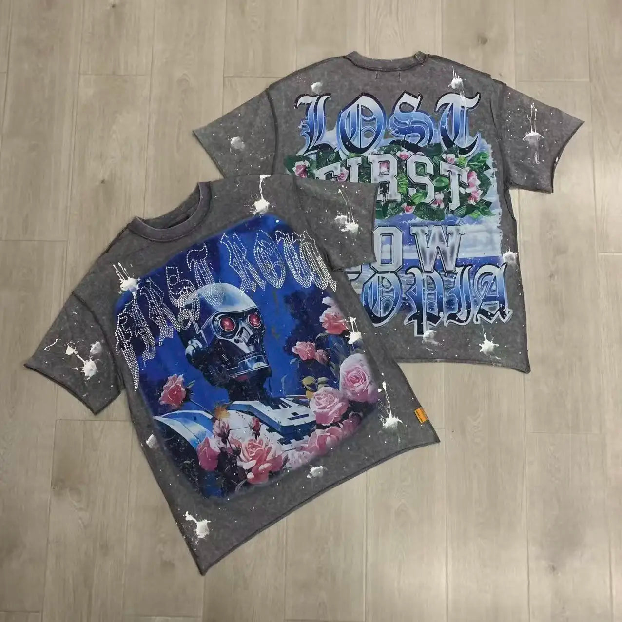Streetwear Vintage Washed Diamond Cropped Tee for Men Crew Neck Short Sleeve Loose Cotton Rhineston Tshirts Oversized