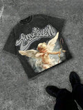 Heavyweight pure cotton washed T-shirt with Cupid print, unisex, casual, comfortable, fashionable, street style cotton T-shirt