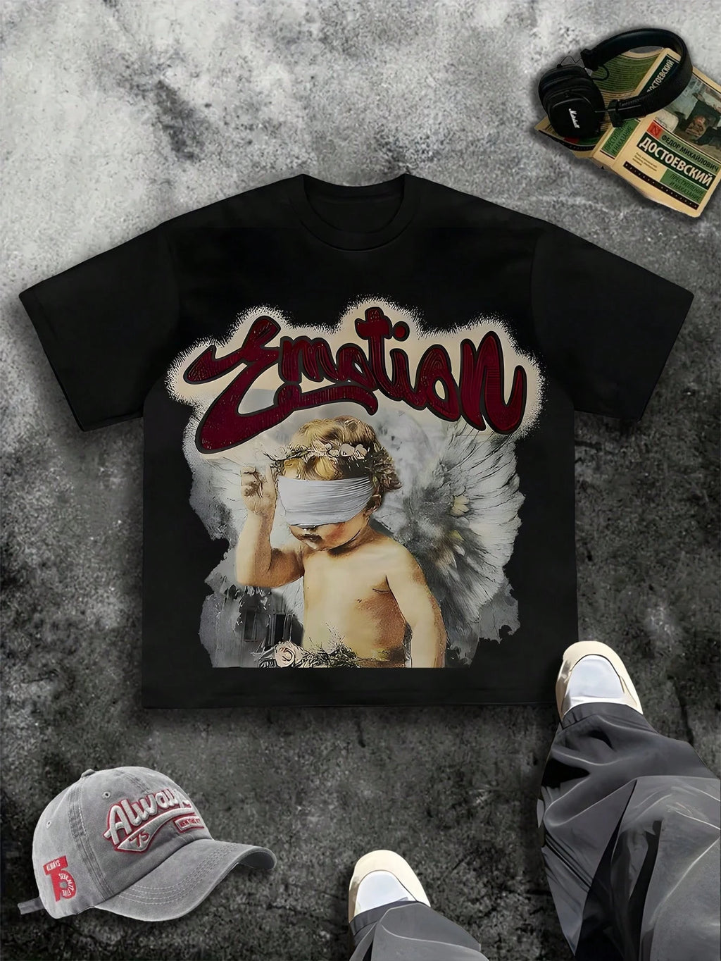 Masked Cupid Double-sided Print Pure Cotton Men's T-shirt Y2K Style New All-Season Short-sleeved T-shirt, Fashionable Streetwear