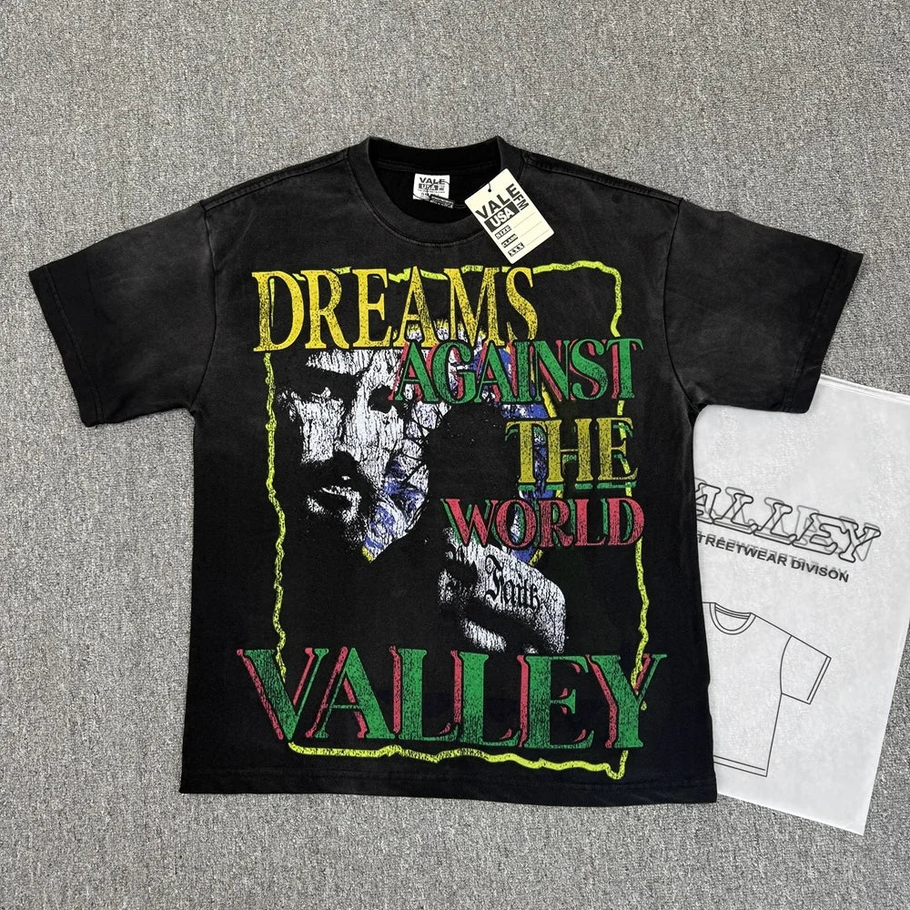 Vale/Valley American-Style Trendy Brand Direct-Print Washed Vintage Loose-Fit Pure Cotton Short-Sleeve T-Shirt for Men High-End Version