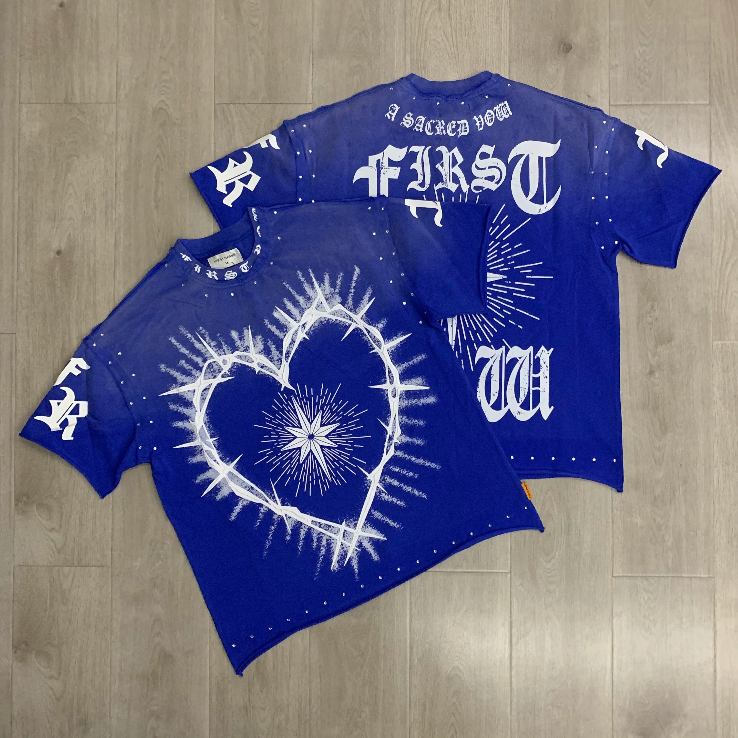 Streetwear Vintage Washed Diamond Cropped Tee for Men Crew Neck Short Sleeve Loose Cotton Rhineston Tshirts Oversized