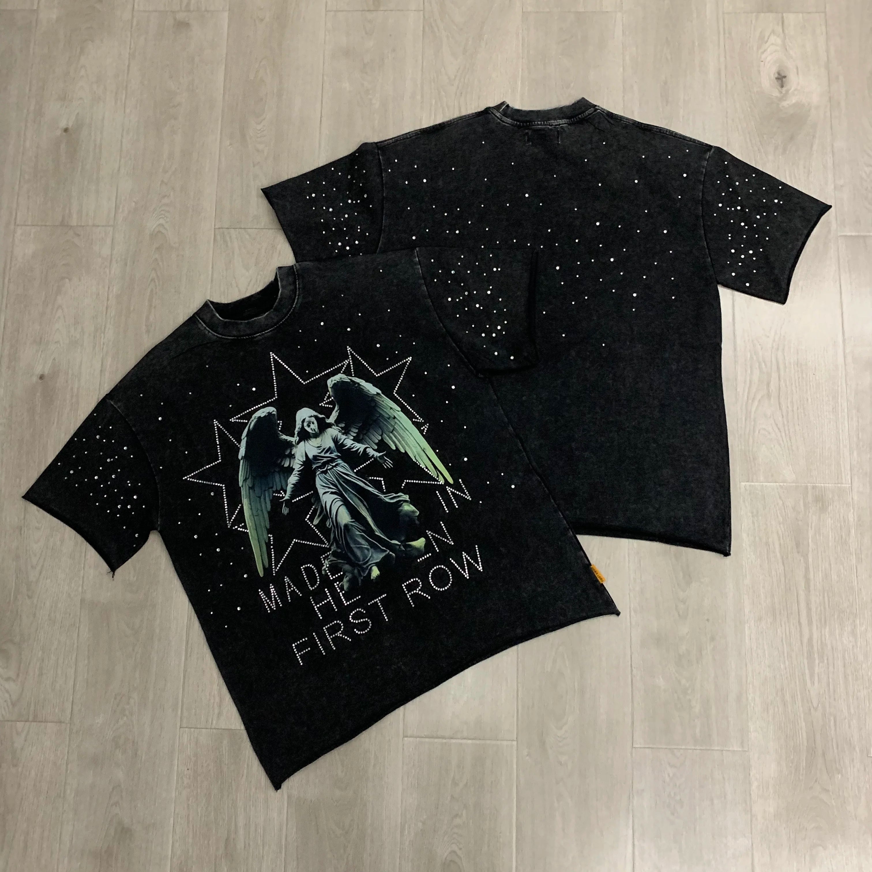 Streetwear Vintage Washed Diamond Cropped Tee for Men Crew Neck Short Sleeve Loose Cotton Rhineston Tshirts Oversized