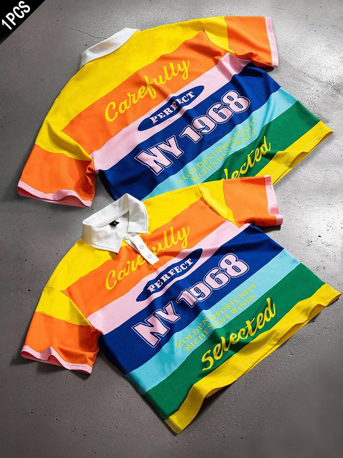 Striped polo collar short sleeved T-shirt short loose fit shirt California English letter striped geometric print unisex shirt European and American street fashion casual shirt striped geometry Classic, Menswear